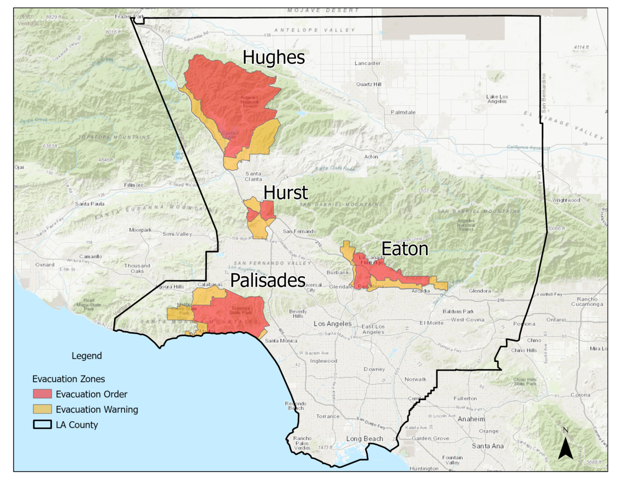 Map palisades and eaton fire perimeters and evacuation zones