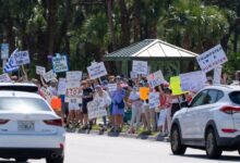 Photos protesters tee off against trump and musk at hands off rallies