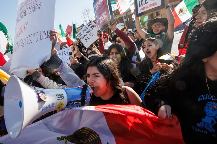 Jose san Hundreds gather in east san jose to protest threats of mass deportations